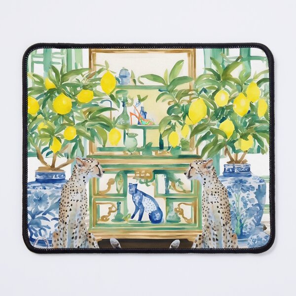 Item preview, Two cheetahs in chinoiserie interior with ginger jars and lemon trees designed and sold by SophieClimaArt.