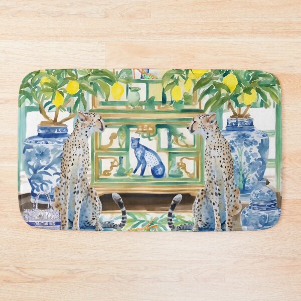 Item preview, Two cheetahs in chinoiserie interior with ginger jars and lemon trees designed and sold by SophieClimaArt.