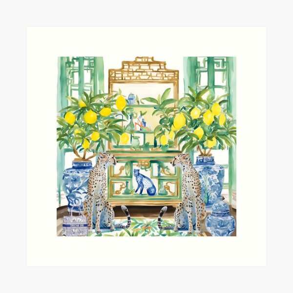 Item preview, Two cheetahs in chinoiserie interior with ginger jars and lemon trees designed and sold by SophieClimaArt.