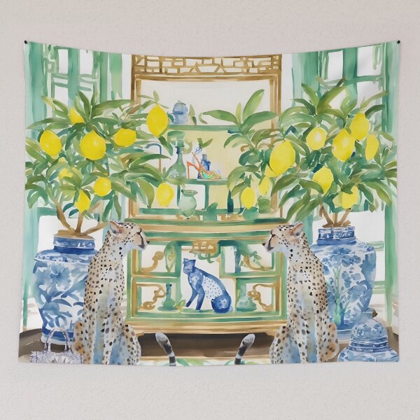 Item preview, Two cheetahs in chinoiserie interior with ginger jars and lemon trees designed and sold by SophieClimaArt.