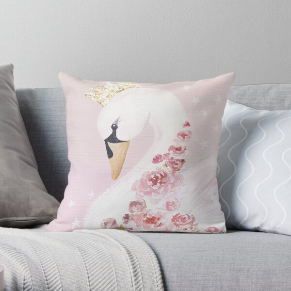 Pink Princess Swan with Flowers Bird Gold Crown Throw Pillow