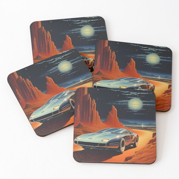 Item preview, Metallic Color Retro Futuristic Sports Car and an Extraterrestrial Desert Landscape at Night with Starry Sky designed and sold by Je-we.