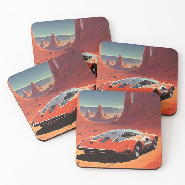 Item preview, Red Color Retro Futuristic Aerodynamic Sports Car and an Extraterrestrial Desert Landscape at Evening with Sunset Sky designed and sold by Je-we.