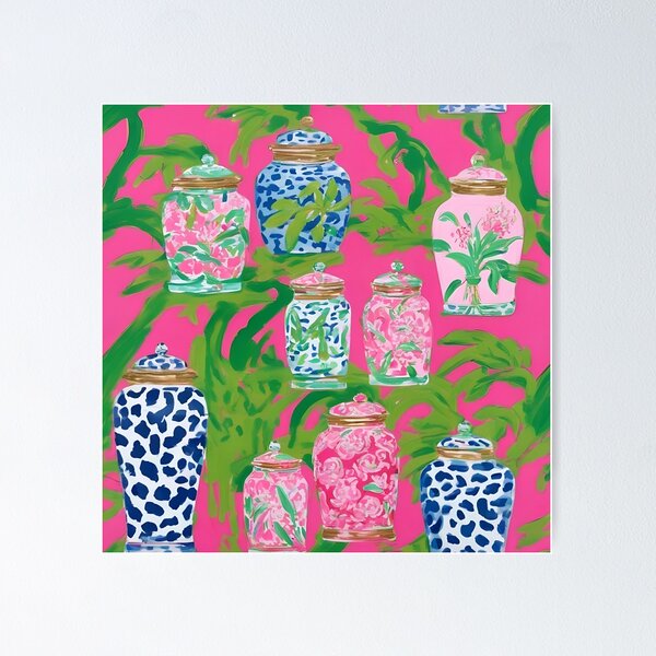 Item preview, Chinoiserie jars and banana leaves on hot pink designed and sold by SophieClimaArt.