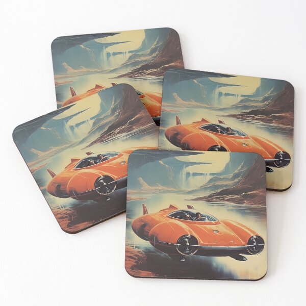 Item preview, Red Color Retro Futuristic Flying Car and Desert Canyon Landscape with Cliffs designed and sold by Je-we.