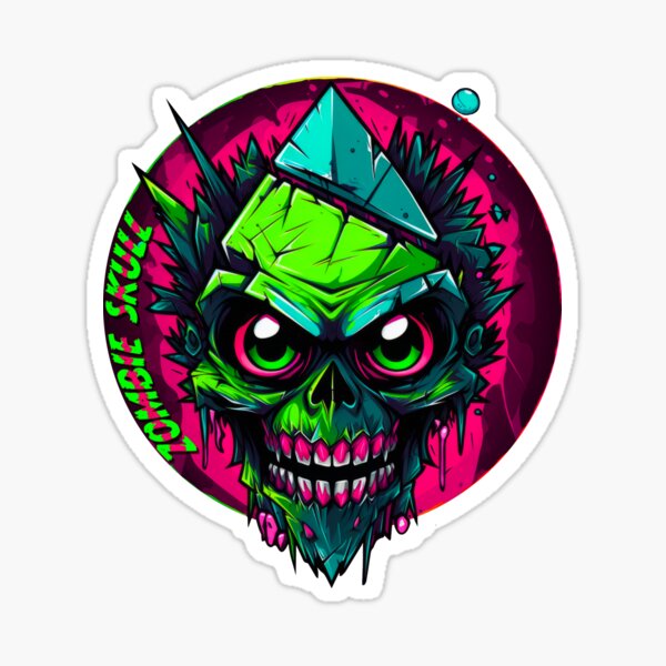 Zombie skull in neon colors. Cartoon logo in vibrant colors. Sticker