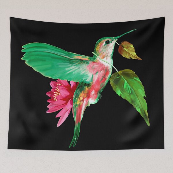 Item preview, Hummingbird with leaves and lotus flower - Black version designed and sold by ESAR-planet.