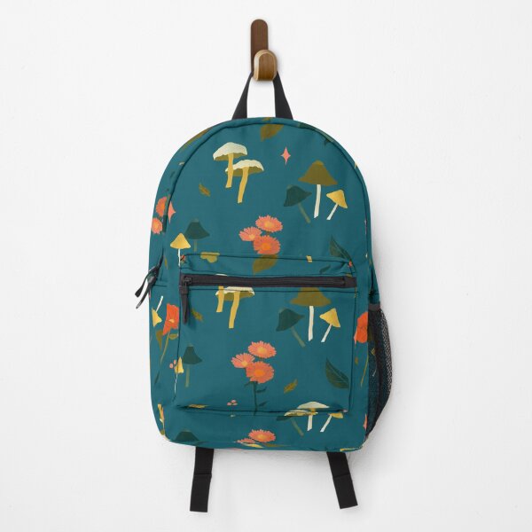Item preview, Mushroom and Flowers Dark Teal Background designed and sold by leahcreates.
