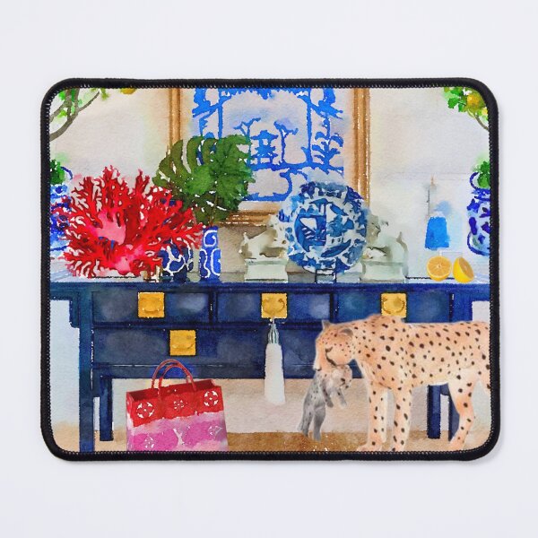 Item preview, Cheetah and her cub in chinoiserie interior with ginger jars, lemon tree and red bag designed and sold by SophieClimaArt.