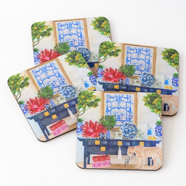 Item preview, Cheetah and her cub in chinoiserie interior with ginger jars, lemon tree and red  bag designed and sold by SophieClimaArt.