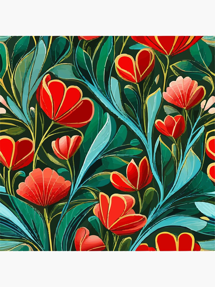 Red Yellow Cute Abstract Flowers Vintage Art Nouveau Pattern