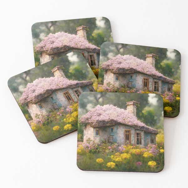 Item preview, Tiny Fairyland Cottage Covered in Pink Flowers on a Stone Path designed and sold by Lucid Imagined.