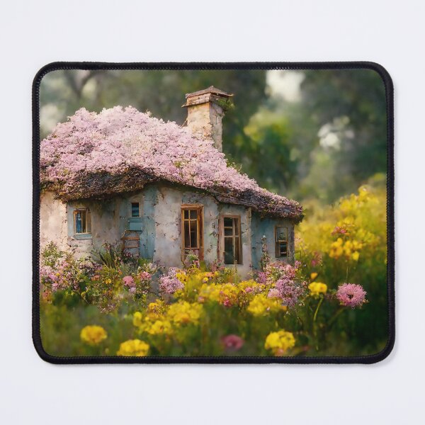 Item preview, Tiny Fairyland Cottage Covered in Pink Flowers on a Stone Path designed and sold by Lucid Imagined.