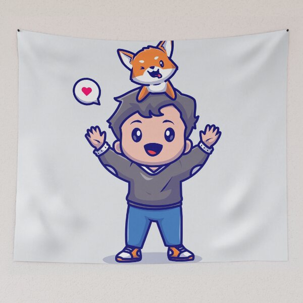Item preview, Joyful Playtime: Cute Boy Playing with Shiba Inu Dog Cartoon Vector Icon Illustration designed and sold by hjian8219.