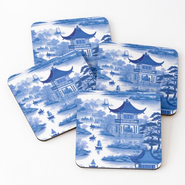 Item preview, Blue and white chinoiserie with pagodas and boats designed and sold by SophieClimaArt.