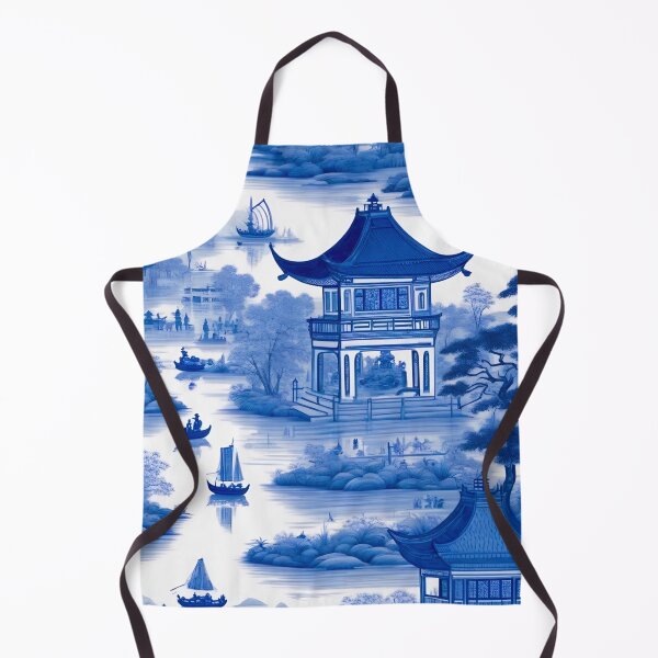 Item preview, Blue and white chinoiserie with pagodas and boats designed and sold by SophieClimaArt.