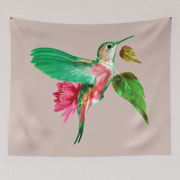 Item preview, Hummingbird with leaves and lotus flower - Khaki version designed and sold by ESAR-planet.