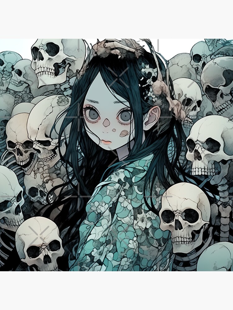 Creepy Dark Anime Girl with Skulls | Sticker