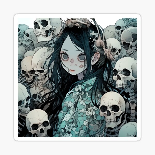 Creepy Dark Anime Girl with Skulls | Sticker