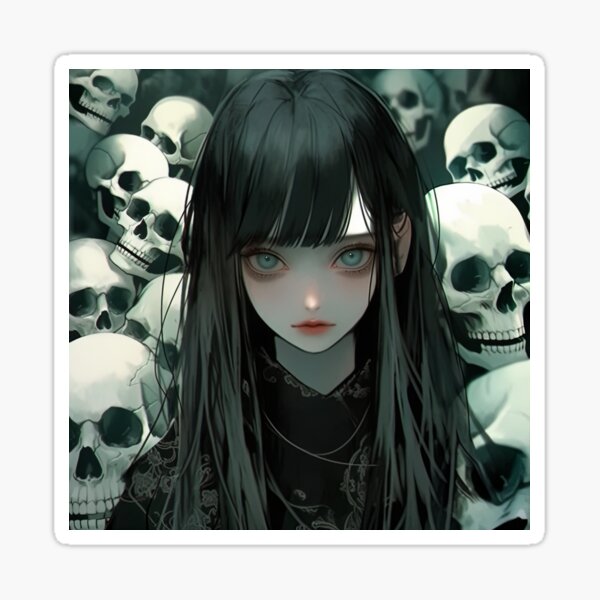 Pretty Anime Girl Surrounded By Skulls
