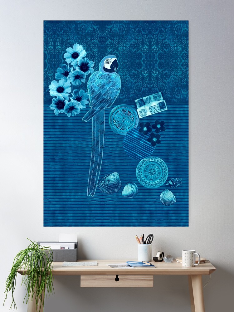 Thumbnail 2 of 3, Poster, Macaw Parrot Bay Cyanotype Collage designed and sold by janetcarlson.