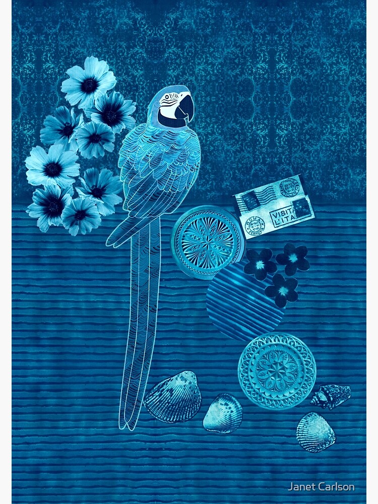 Thumbnail 3 of 3, Poster, Macaw Parrot Bay Cyanotype Collage designed and sold by janetcarlson.
