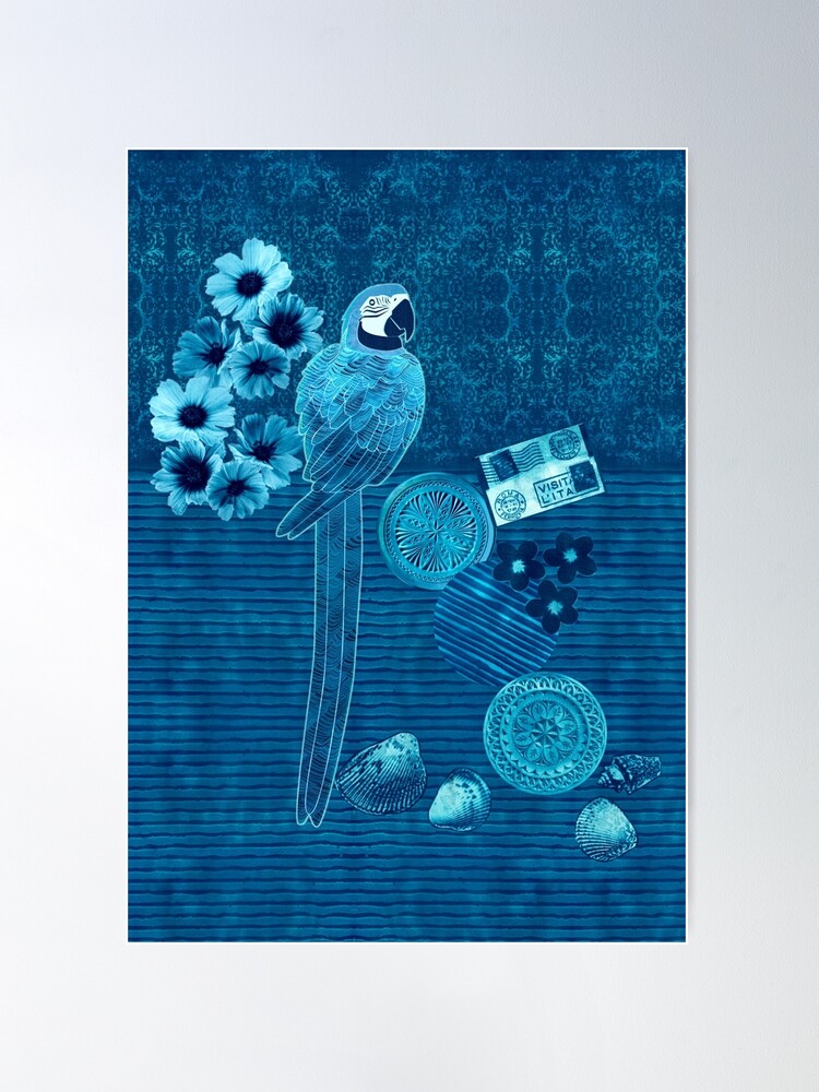 Thumbnail 1 of 3, Poster, Macaw Parrot Bay Cyanotype Collage designed and sold by janetcarlson.