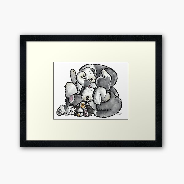 Old English Sheepdog - sleeping pile cartoon Framed Art Print