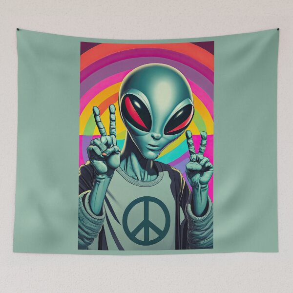 Item preview, An Alien Giving the Peace Sign, Rainbow background designed and sold by TheTrendsDesk.