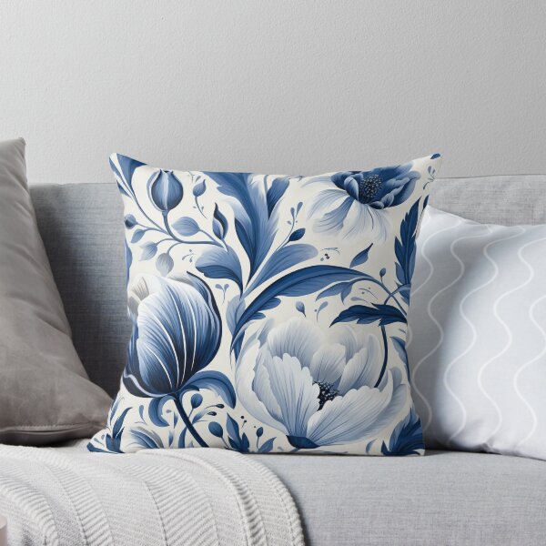 Item preview, White & Blue Botanical Elegance: Flowing Vines and Tulips designed and sold by PaintbrushPlace.