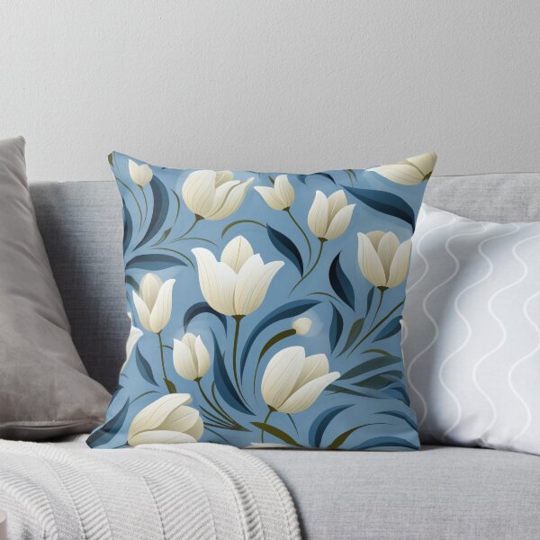 Item preview, White & Blue Botanical Harmony: Elegant Flowing Vines and Tulips designed and sold by PaintbrushPlace.