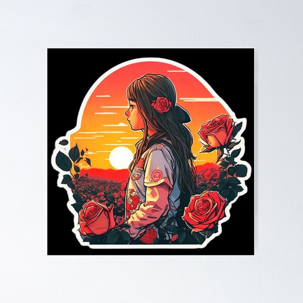 Item preview, Girl Watching Retro Sunset over Roses Field designed and sold by Ridiculam Toga.