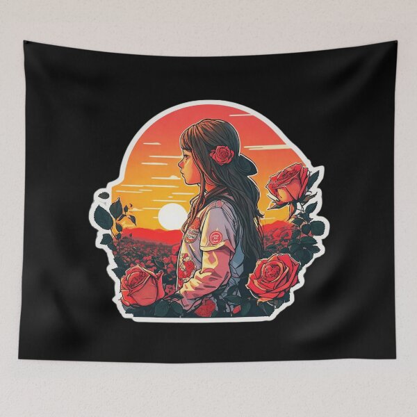 Item preview, Girl Watching Retro Sunset over Roses Field designed and sold by Ridiculam Toga.