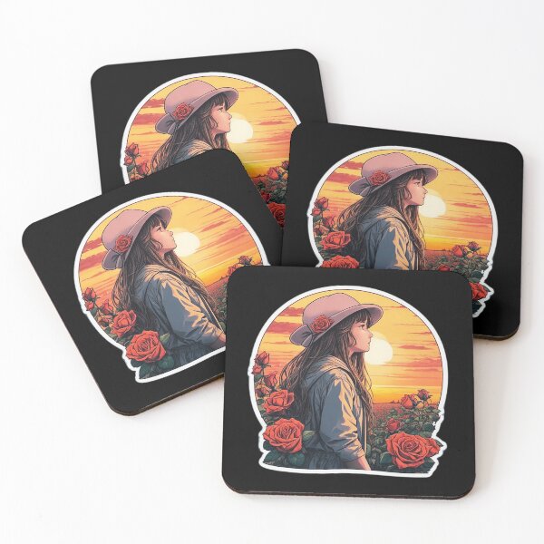 Item preview, Girl With Hat Watching Retro Sunset over Roses Field designed and sold by Ridiculam Toga.