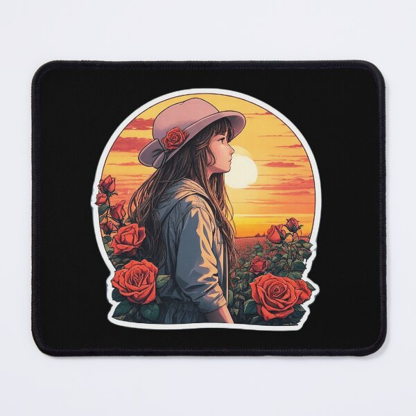 Item preview, Girl With Hat Watching Retro Sunset over Roses Field designed and sold by Ridiculam Toga.