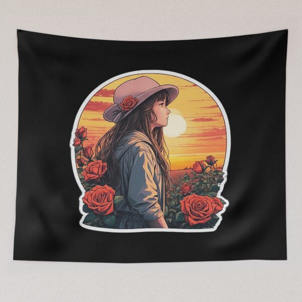Item preview, Girl With Hat Watching Retro Sunset over Roses Field designed and sold by Ridiculam Toga.
