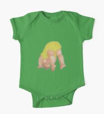 A playful baby wearing a yellow leopard print jumpsuit smiling at you upside down retro inspired One Piece - Short Sleeve