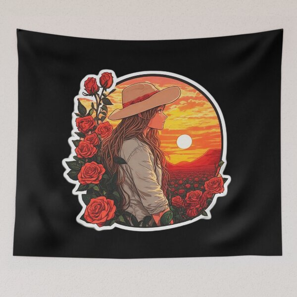 Item preview, Girl With Hat Watching Sunset over Roses Field designed and sold by Ridiculam Toga.