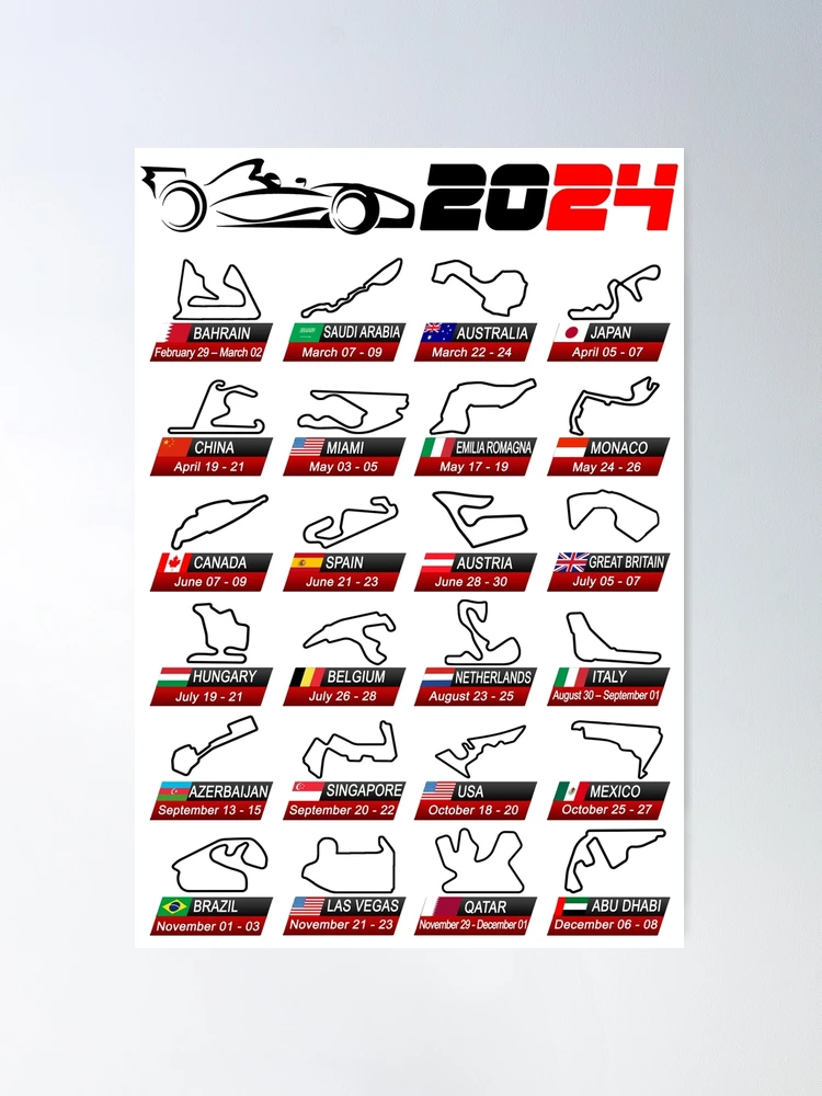 Poster for Sale avec l'œuvre « Calendrier Formule voitures de course 2024  circuits sport blanc » de l'artiste ideasfinder