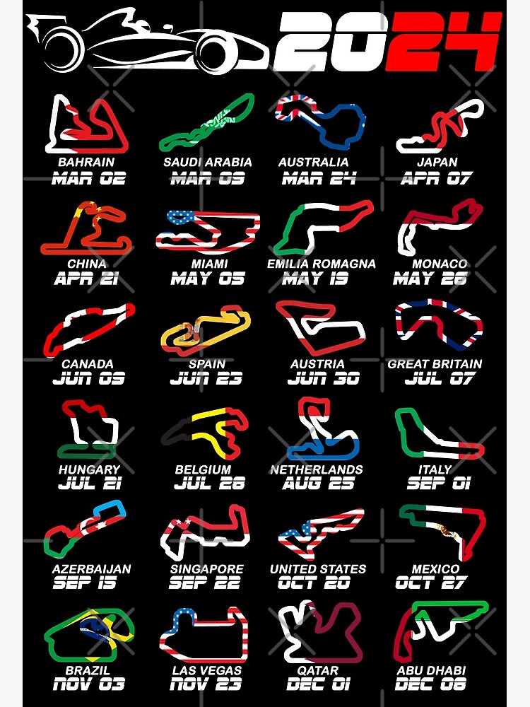 Calendar Formula race cars 2024 circuits colors Poster for Sale by  ideasfinder
