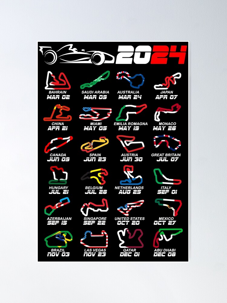 Poster for Sale avec l'œuvre « Calendrier des voitures de course de Formule  2024 couleurs des circuits » de l'artiste ideasfinder