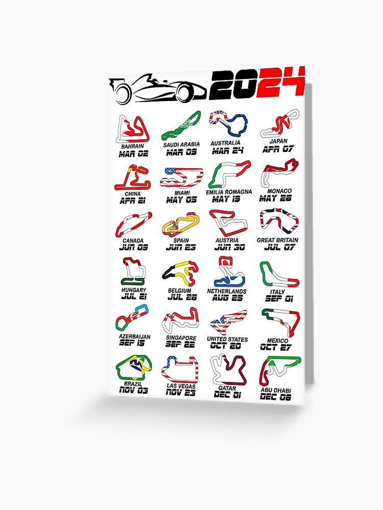 Carte de vœux for Sale avec l'œuvre « Calendrier Formule voitures de course  2024 circuits couleurs blanc » de l'artiste ideasfinder