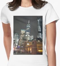 Metropolis, New York, Manhattan, Brooklyn, New York City, architecture, street, building, tree, car,   Women's Fitted T-Shirt