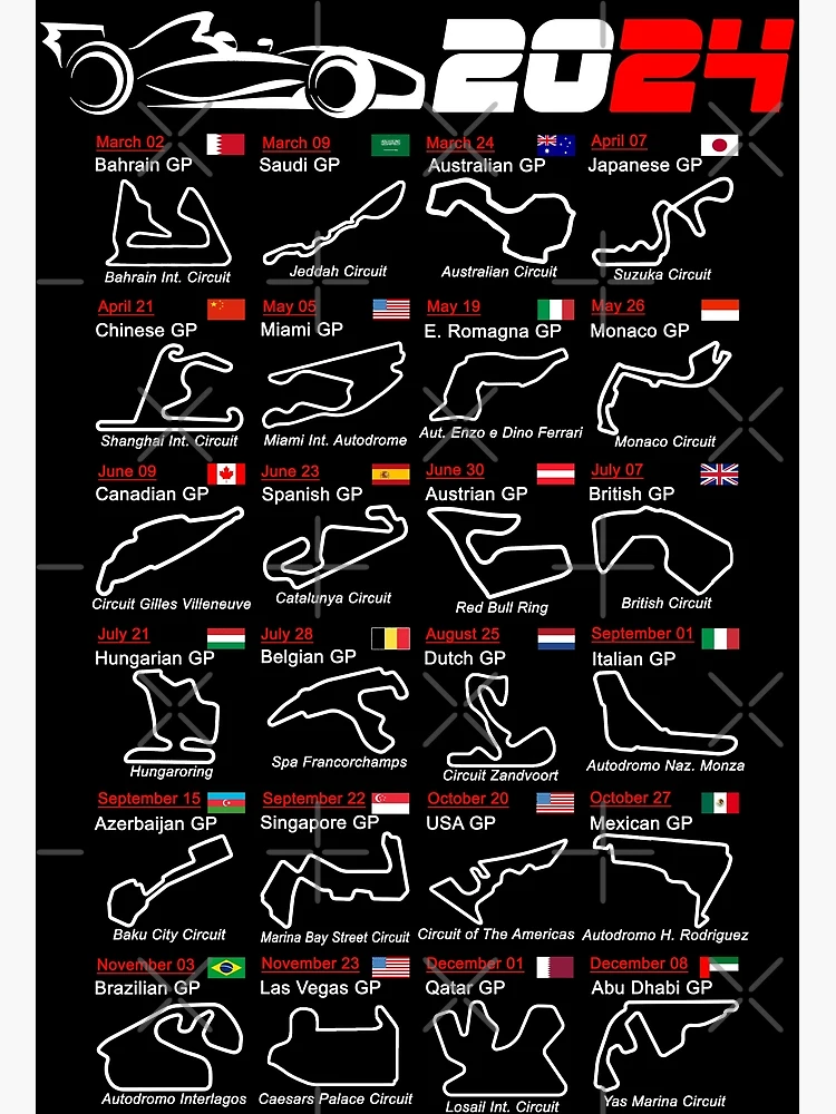 Poster for Sale avec l'œuvre « Calendrier des voitures de course de Formule  2024 circuits nommés » de l'artiste ideasfinder