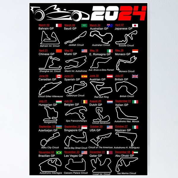 Calendar Formula race cars 2024 named circuits Poster
