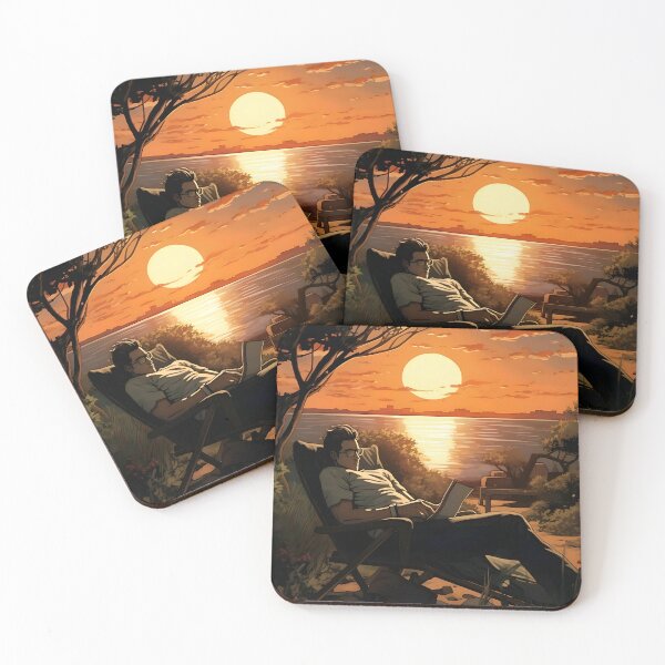 Item preview, Sunset reflections: man, laptop and sea horizon designed and sold by ArrangedDesigns.
