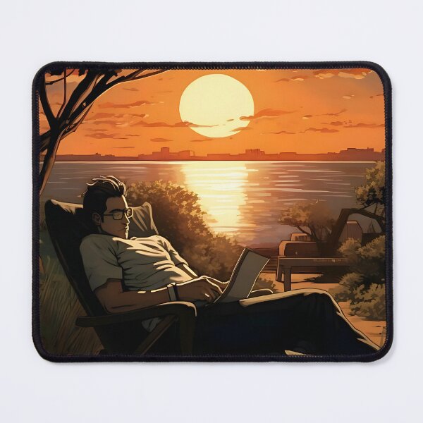 Item preview, Sunset reflections: man, laptop and sea horizon designed and sold by ArrangedDesigns.