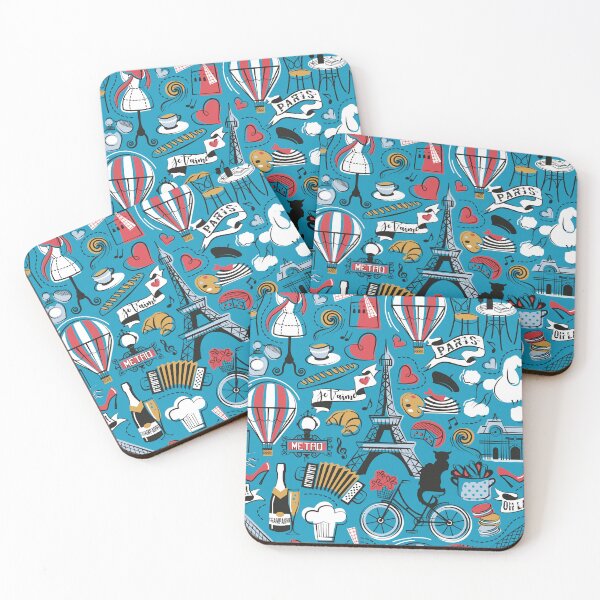 Item preview, Paris Je T'aime! // Caribbean blue background black and white red fog blue and yellow mustard France popular travel motifs museums café baguette croissant air balloons designed and sold by SelmaCardoso.