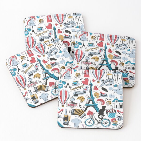Item preview, Paris Je T'aime! // white background black and white red Caribbean and fog blue and mustard France popular travel motifs museums café baguette croissant air balloons designed and sold by SelmaCardoso.