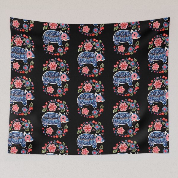 Aperçu de l'œuvre  Conception d'art populaire polonais cochon mignon avec des fleurs créée et vendue par PiggyBoxer.